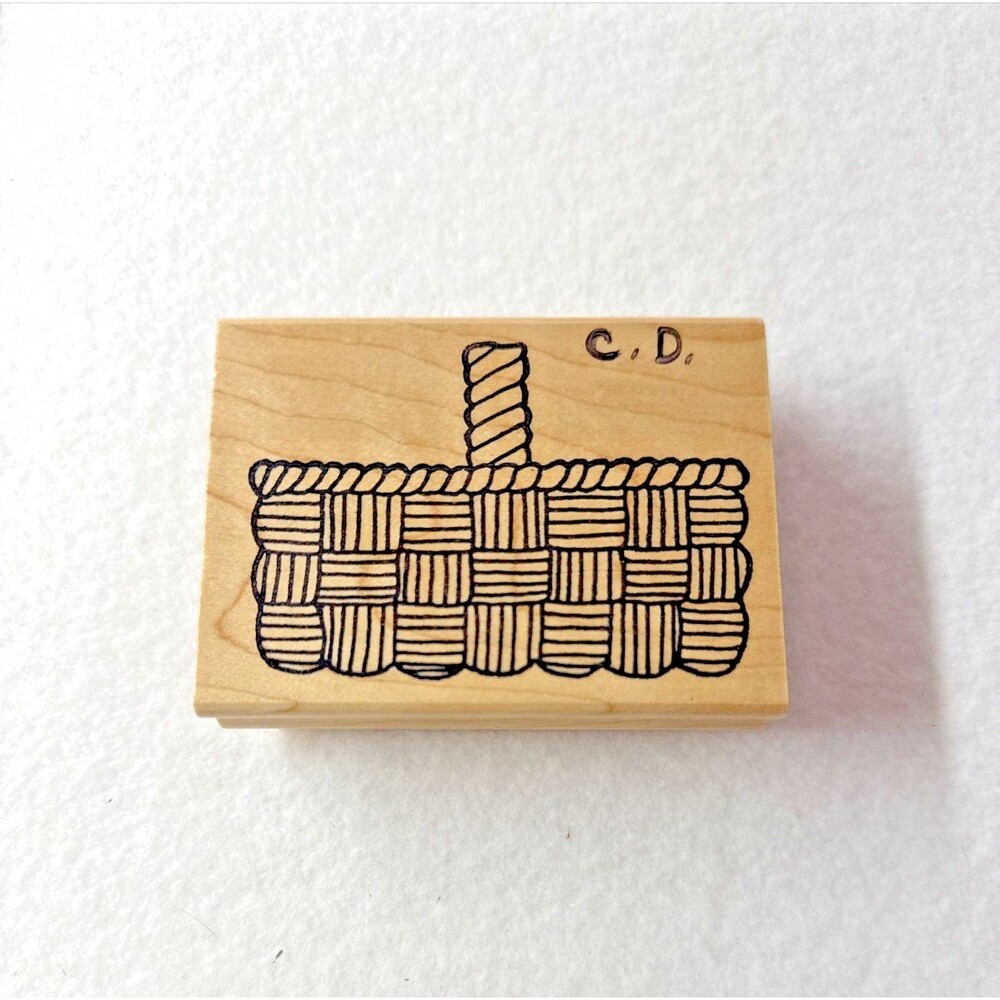 Azadi Earles K573 Woven Basket Rubber Stamp Picnic Country Wood Mount Large
